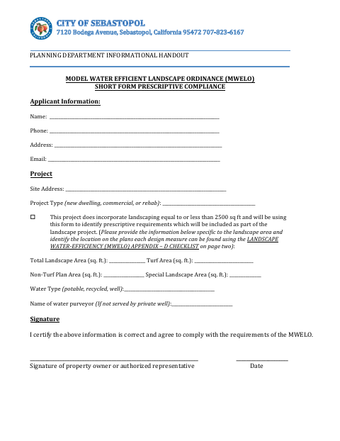 First page of the Model Water Efficient Landscape Ordinance Short Form Prescriptive Compliance