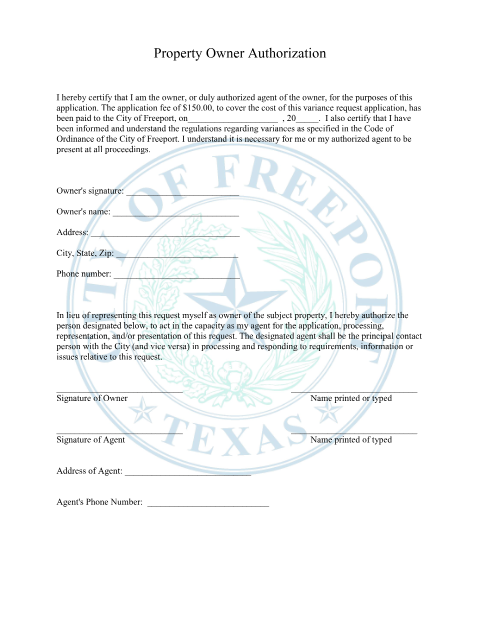 First page of the Property Owner Authorization