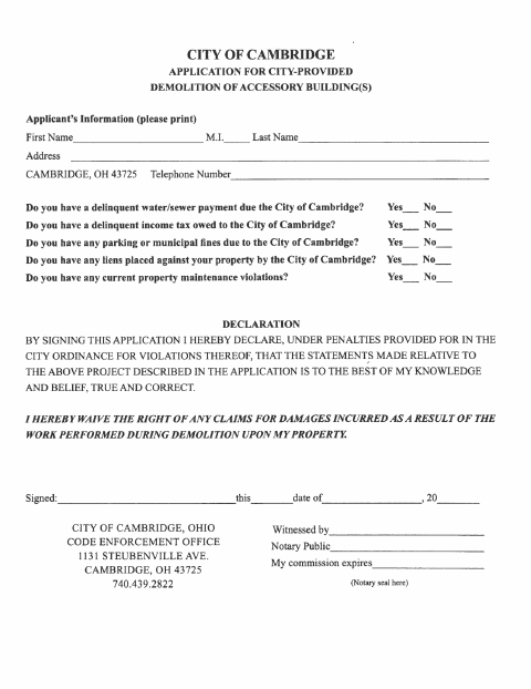 First page of the Accessory Building Demolition Application