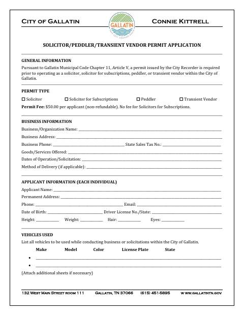First page of the Solicitor, Peddler, and Transient Vendor Permit Application