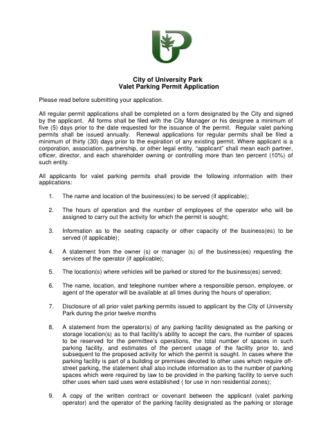 First page of the Valet Parking Permit Application