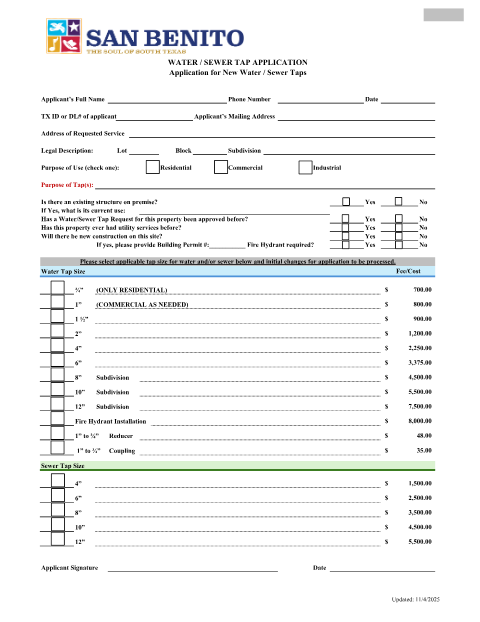 First page of the Water/Sewer Tap Application