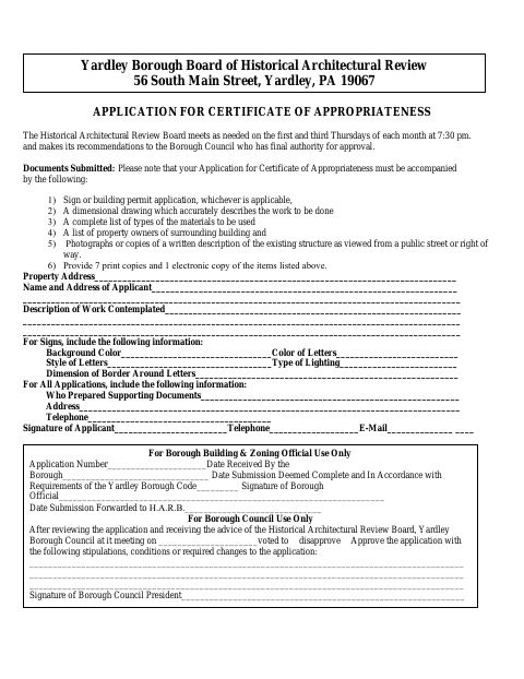 First page of the Application for Certificate of Appropriateness