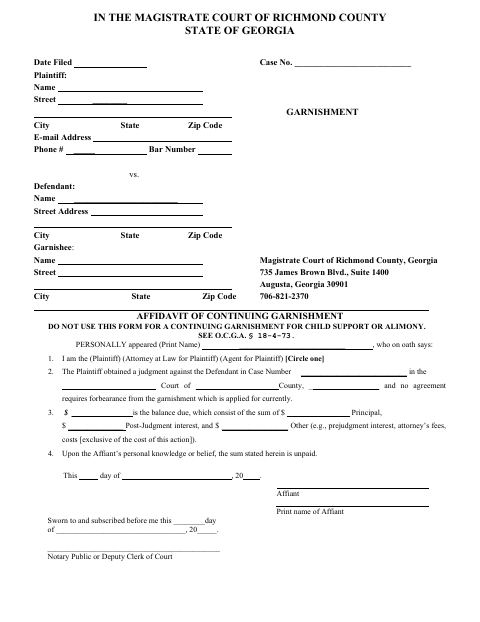 First page of the Affidavit of Continuing Garnishment