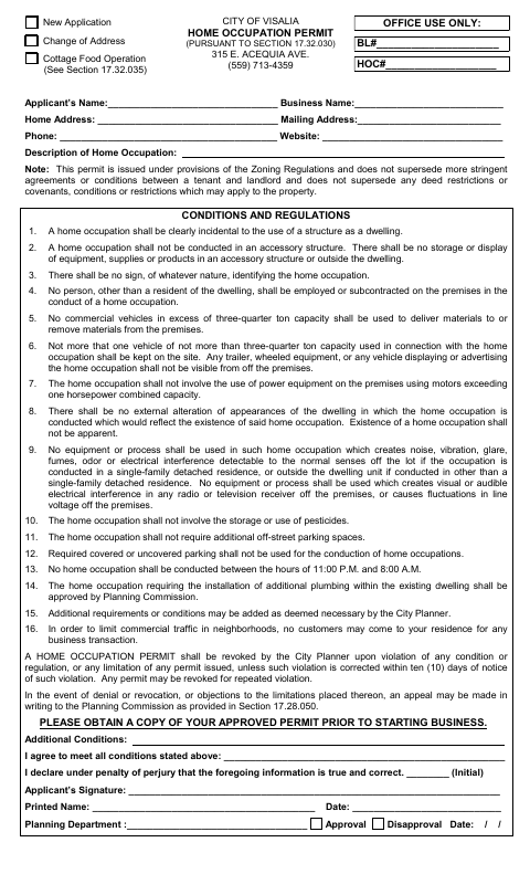 First page of the Home Occupation Permit