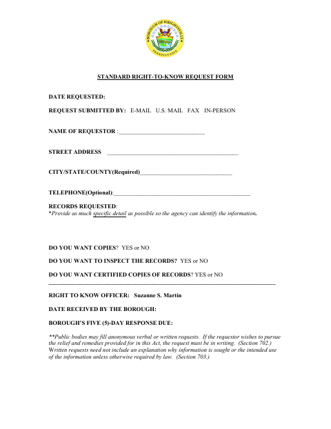First page of the Standard Right-to-Know Request Form