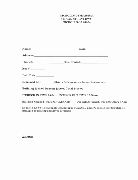 First page of the Nicholls Gymnasium Rental Form