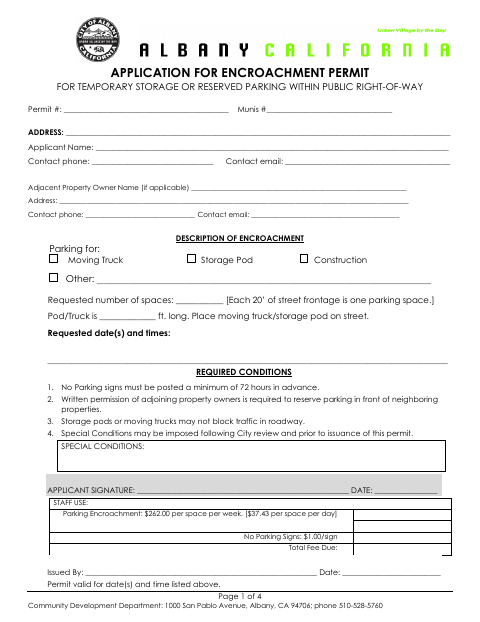 First page of the Application for Encroachment Permit for Temporary Storage or Reserved Parking Within Public Right-of-Way