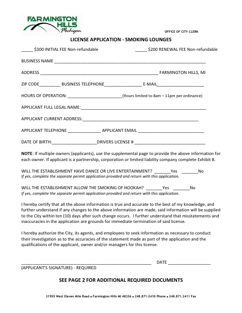First page of the Smoking Lounge License Application