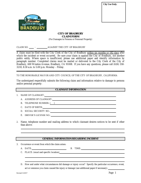 First page of the Claim Form for Damages to Persons or Personal Property