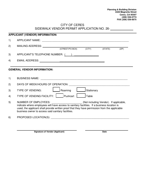 First page of the Sidewalk Vendor Permit Application