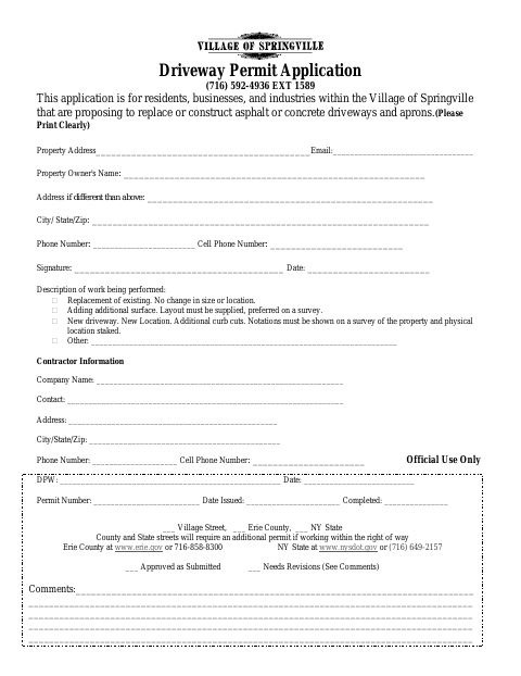 First page of the Driveway Permit Application