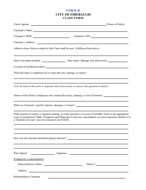 First page of the Claim Form