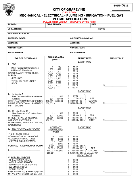 First page of the Mechanical, Electrical, Plumbing, Irrigation, Fuel Gas Permit Application