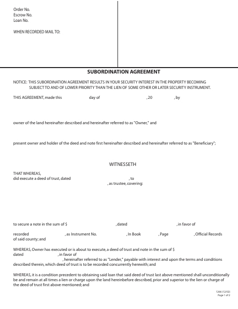 First page of the Lenders Subordination Agreement