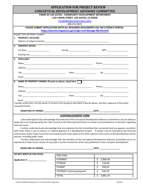 First page of the Application for Project Review Conceptual Development Advisory Committee