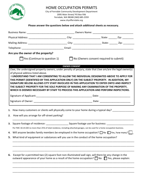 First page of the Home Occupation Permit Application