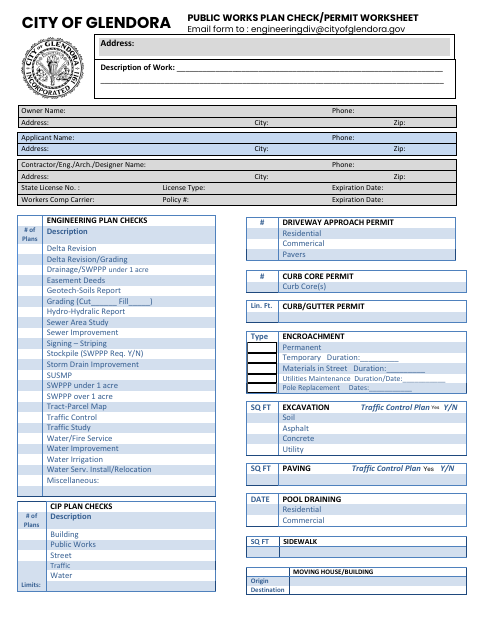 First page of the Public Works Plan Check/Permit Worksheet