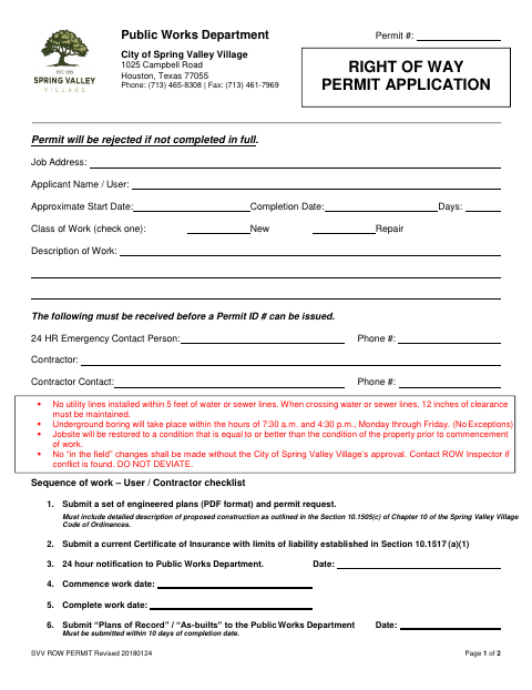 First page of the Right of Way Management Permit Application
