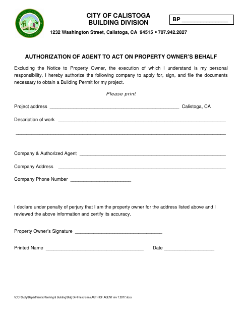First page of the Authorization of Agent to Act on Property Owner’s Behalf
