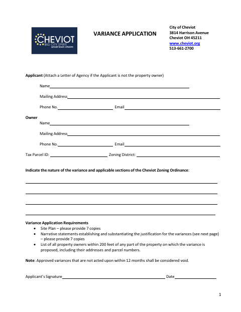 First page of the Variance Application