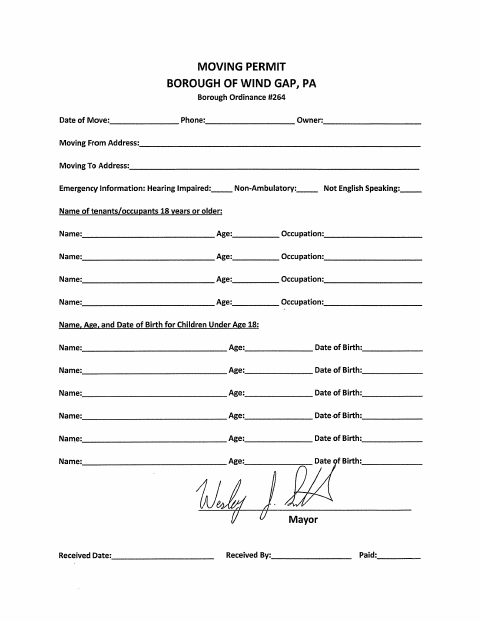 First page of the Moving Permit