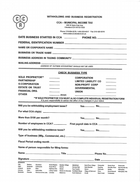 First page of the Withholding and Business Registration Form