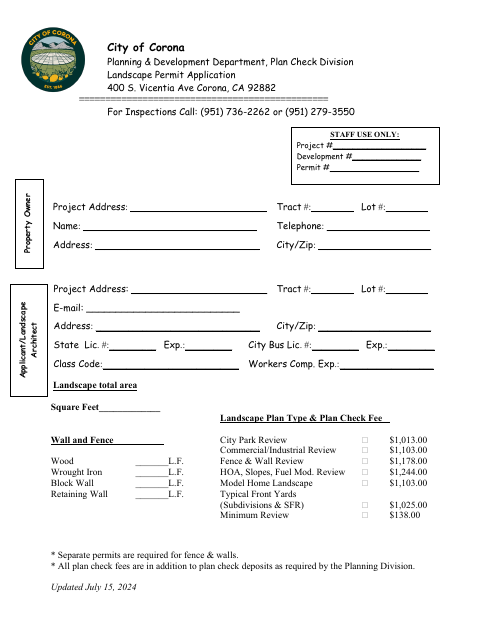 First page of the Landscape Permit Application