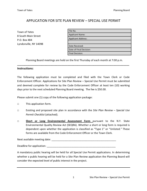 First page of the Application for Site Plan Review – Special Use Permit