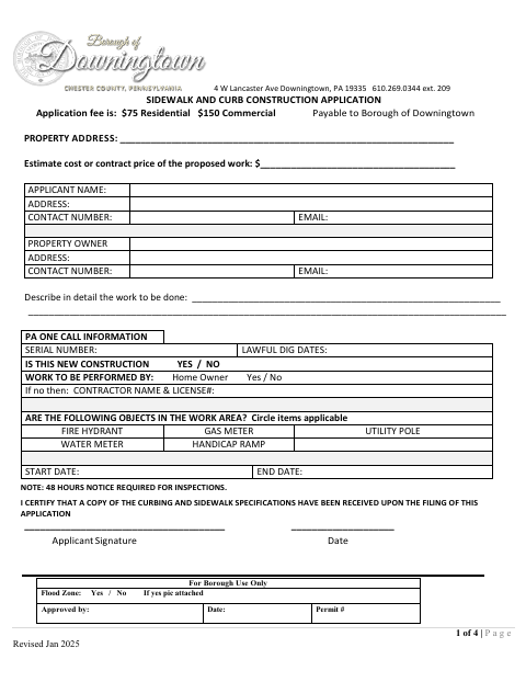 First page of the Sidewalk and Curb Construction Application