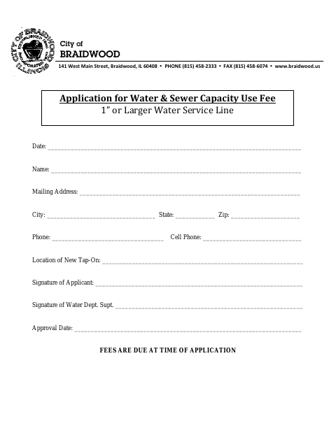 First page of the Water & Sewer Capacity Use Fee Application