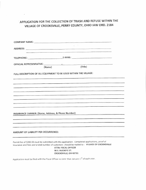 First page of the Trash Collection Permit Application