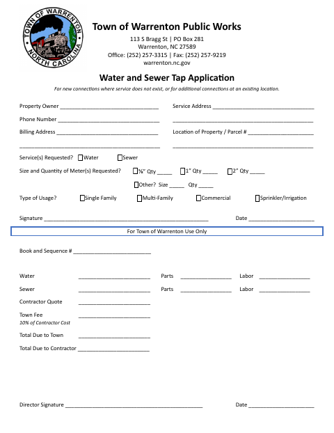 First page of the Water and Sewer Tap Application