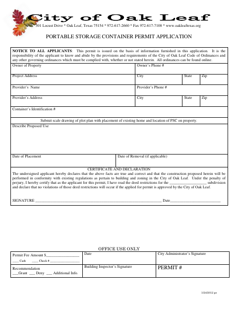 First page of the Portable Storage Container Permit Application