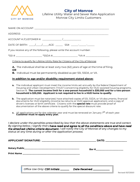 First page of the Lifeline Utility Rate Application