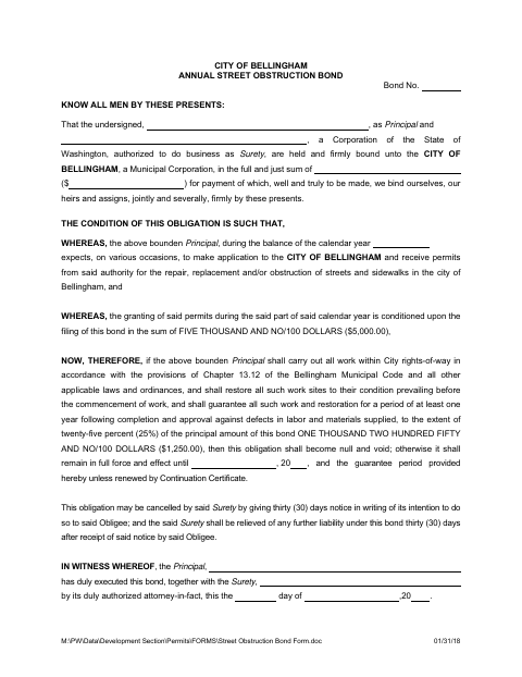First page of the Annual Street Obstruction Bond