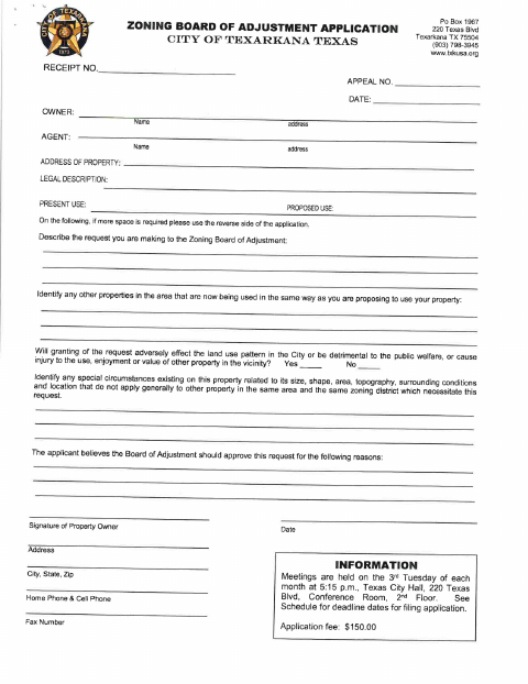 First page of the Zoning Board of Adjustment Application Packet