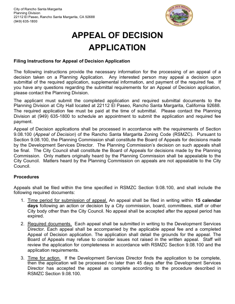 First page of the Appeal Of Decision Application