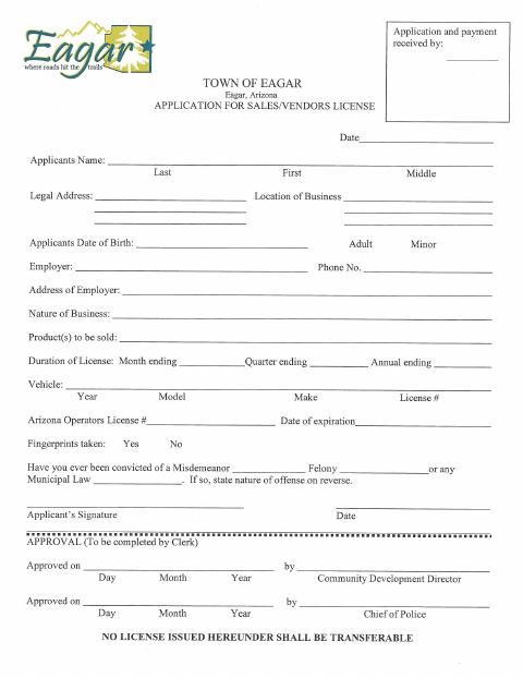First page of the Sales/Vendors License Application