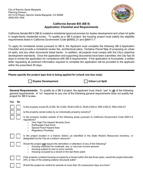First page of the California Senate Bill (SB 9) Application Checklist and Requirements