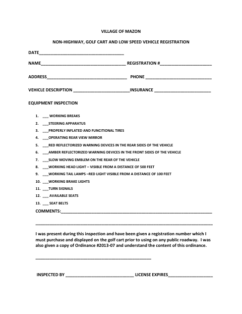 First page of the Non-Highway, Golf Cart, and Low Speed Vehicle Registration