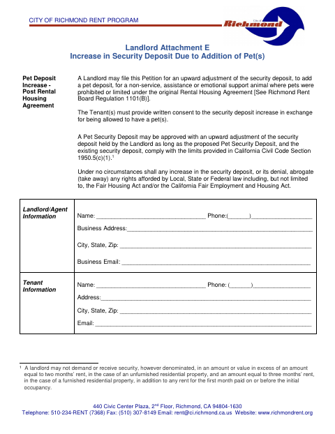 First page of the Landlord Attachment E: Increase in Security Deposit Due to Addition of Pets