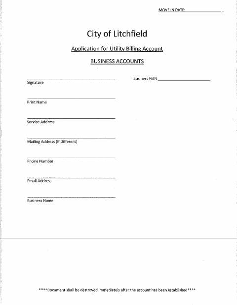 First page of the Application for Utility Billing Account