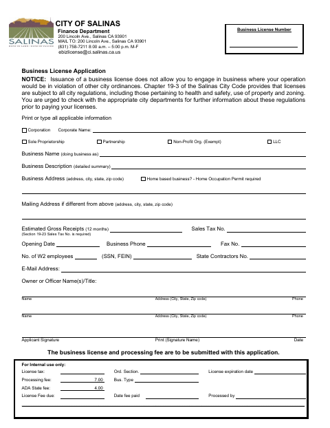 First page of the Business License Application