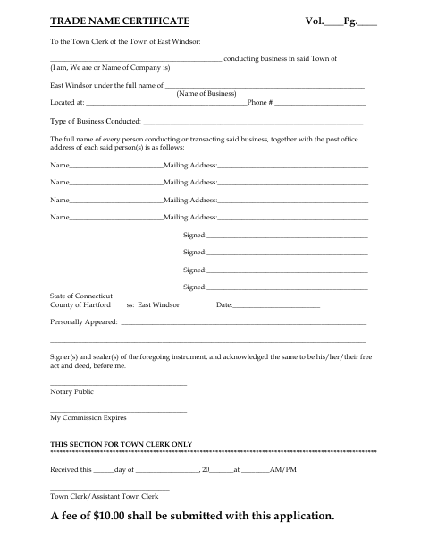 First page of the Trade Name Certificate Application