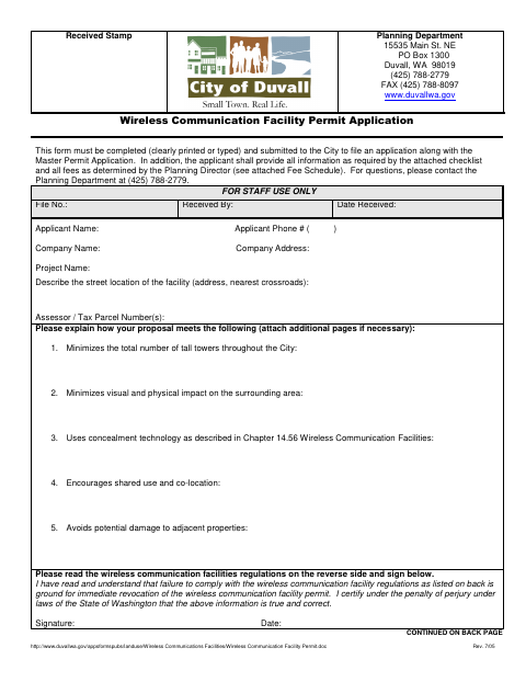 First page of the Wireless Communication Facility Permit Application