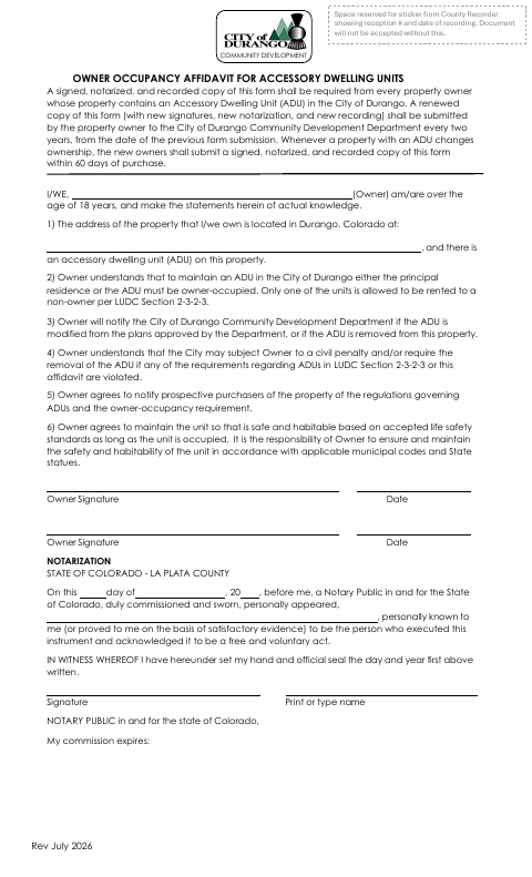 First page of the Owner Occupancy Affidavit for Accessory Dwelling Units