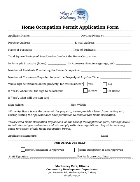 First page of the Home Occupation Permit Application Form
