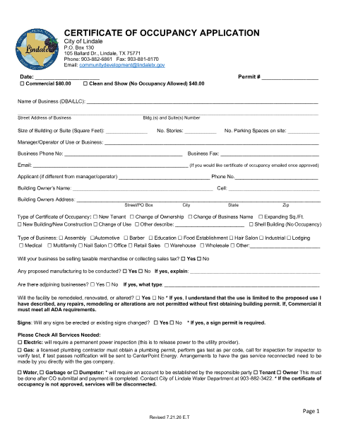 First page of the Certificate of Occupancy Application