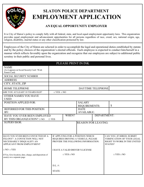 First page of the Police Department Employment Application